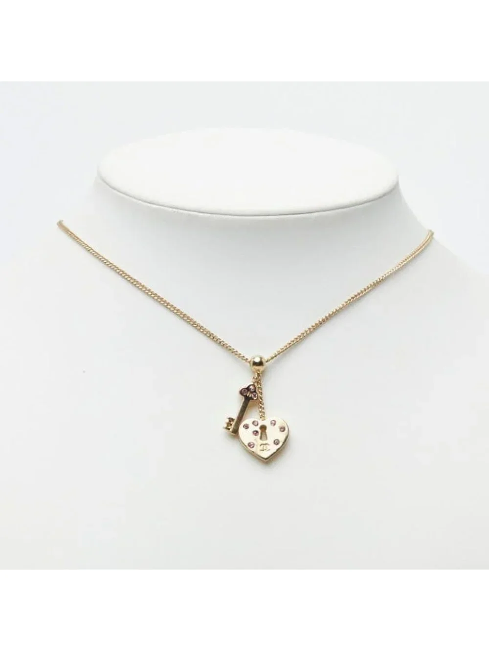 Chanel CC Logo Heart Key Necklace Gold Pink Plated Rhinestone